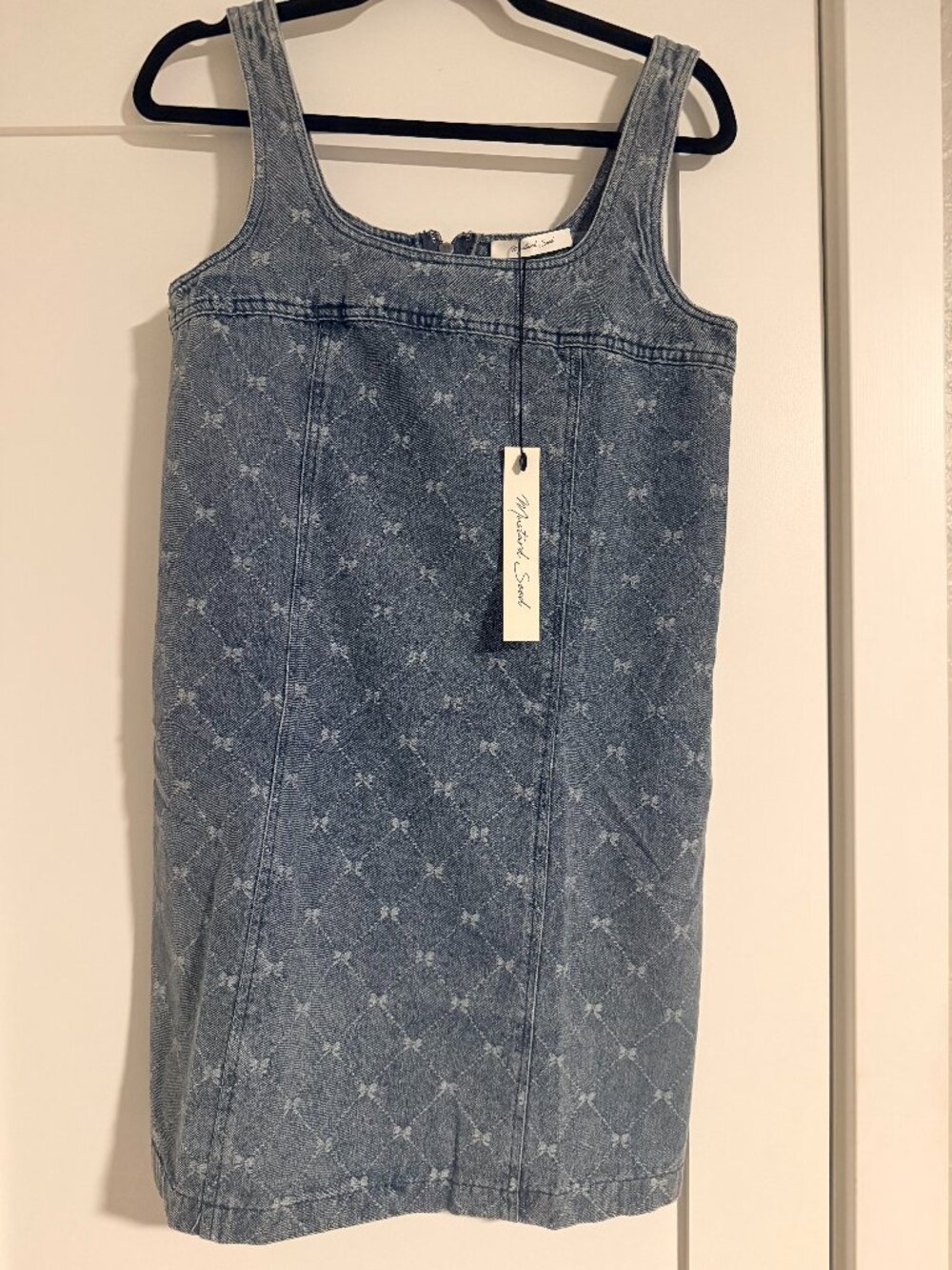 Bow Pattern Sleeveless Denim Mini Dress - Size Small